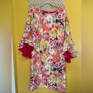 Shelby & Palmer Colorful Floral 3/4 Bell Sleeve Hippie Boho Sheath Dress Size 12